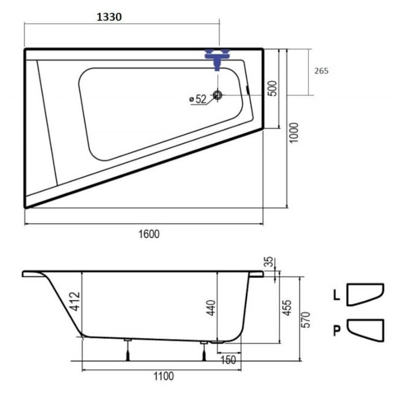 Laguna. Bañera de esquina Laguna Idea Plus 160x100 acrílico