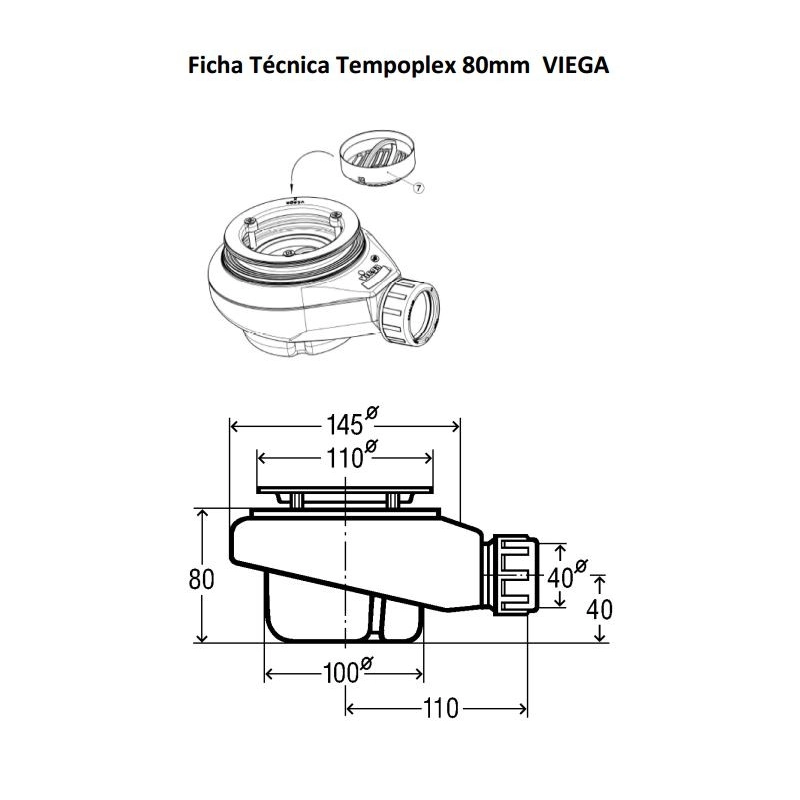 Viega Tempoplex 80 sifon horizontal con recoge pelos-NO INCLUYE