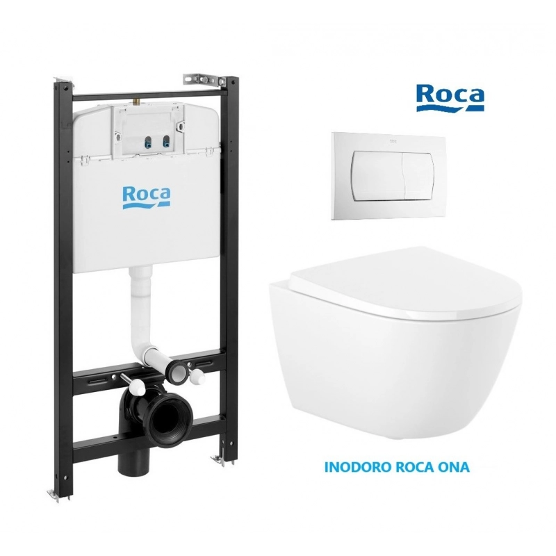 Conjunto ROCA Active, pulsador PVC Blanco brillo con WC suspendido ROCA RIMLESS completo