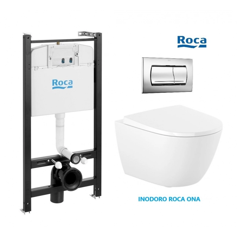 Conjunto ROCA Active, pulsador PVC Cromo brillo con WC suspendido ROCA RIMLESS completo