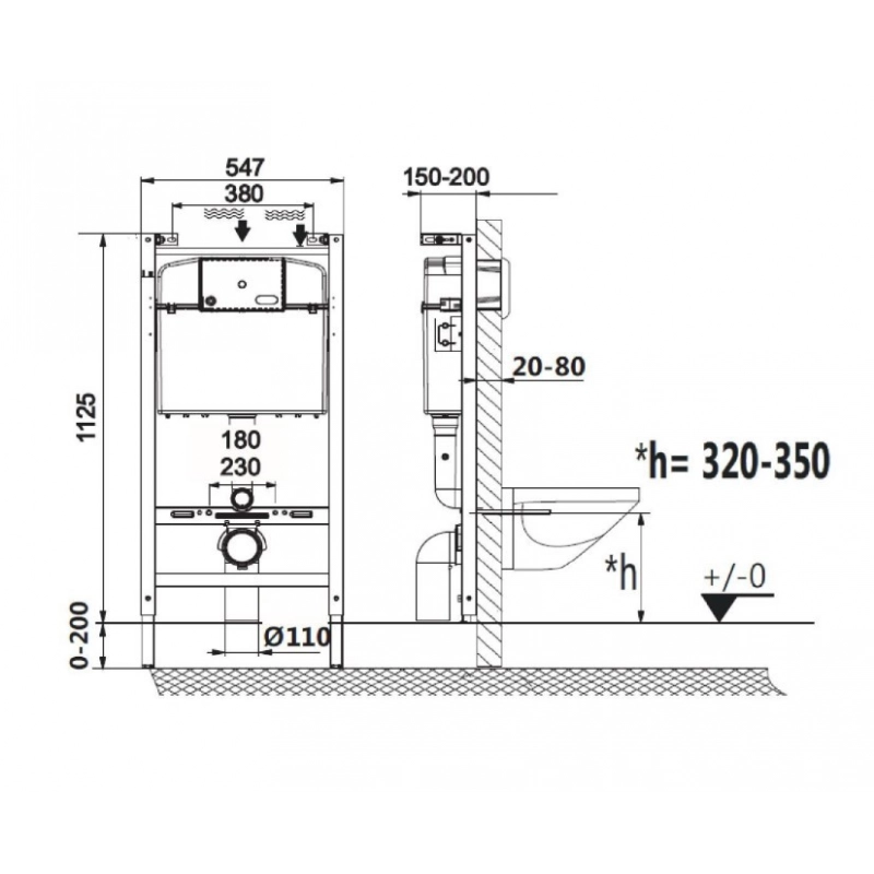 Conjunto Inodoro Suspendido, cisterna empotrada y pulsador SAT rimless BREVIS SIKORW3