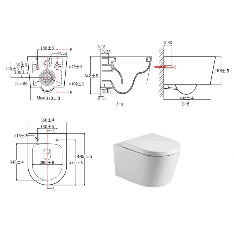 Conjunto Inodoro Suspendido, cisterna empotrada y pulsador SAT rimless BREVIS SIKORW3