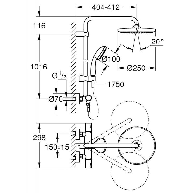 Sistema Ducha de Pared Grohe Vitalio Start System 250 c/ Grifo Termostático Cromado 26816000