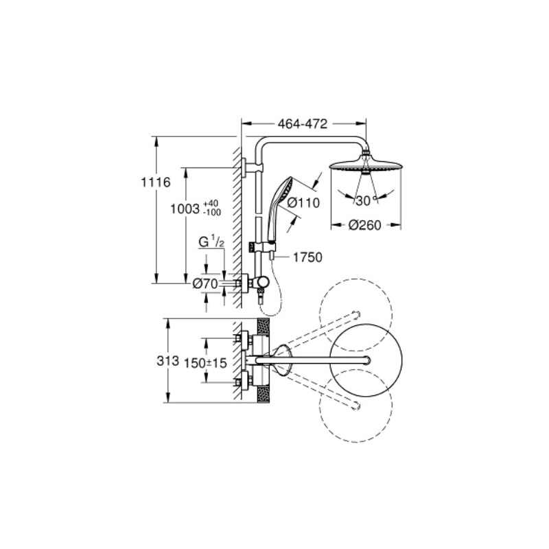 Columna de Ducha Redonda Con Termostato 27296003 Euphoria System 260 de Grohe