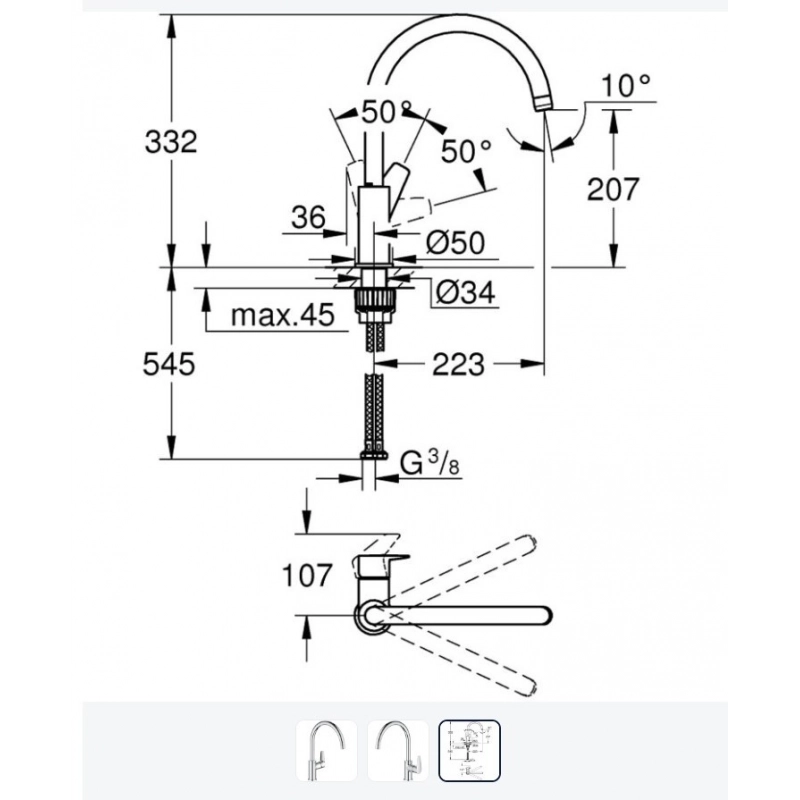 Grifo Fregadera Monomando Caño Alto Giratorio Bauedge Cromo Grohe