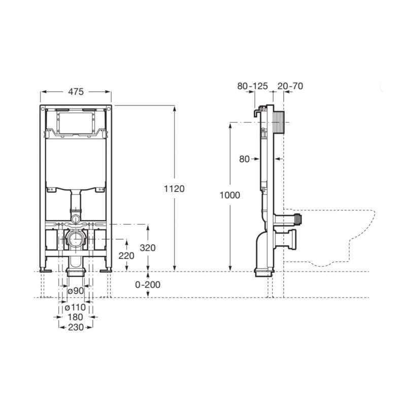 BASTIDOR ROCA DUPLO ONE PACK CISTERNA EMPOTRADA Y PULSADOR PL1 CROMO BR CON INODORO SUSPENDIDO RIM-EX INFINITIO BLANCO MAT 48CM