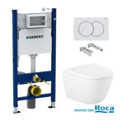 Bastidor GEBERIT Duofix pack cisterna empotrada y pulsador DELTA 01 blan br con inodoro suspendido Rim-ex ROCA ONA blanco