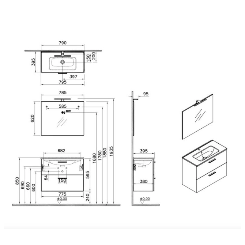 Mueble de baño 79x39,5x61 cm con espejo, lavabo e iluminación LED, Roble (MIASET80D)