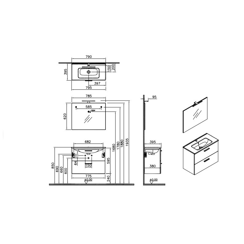 Mueble de baño Vitra Mia Set blanco brillante 79x61x39,5 cm con espejo, lavabo, iluminación LED + armario(MIASET80B)