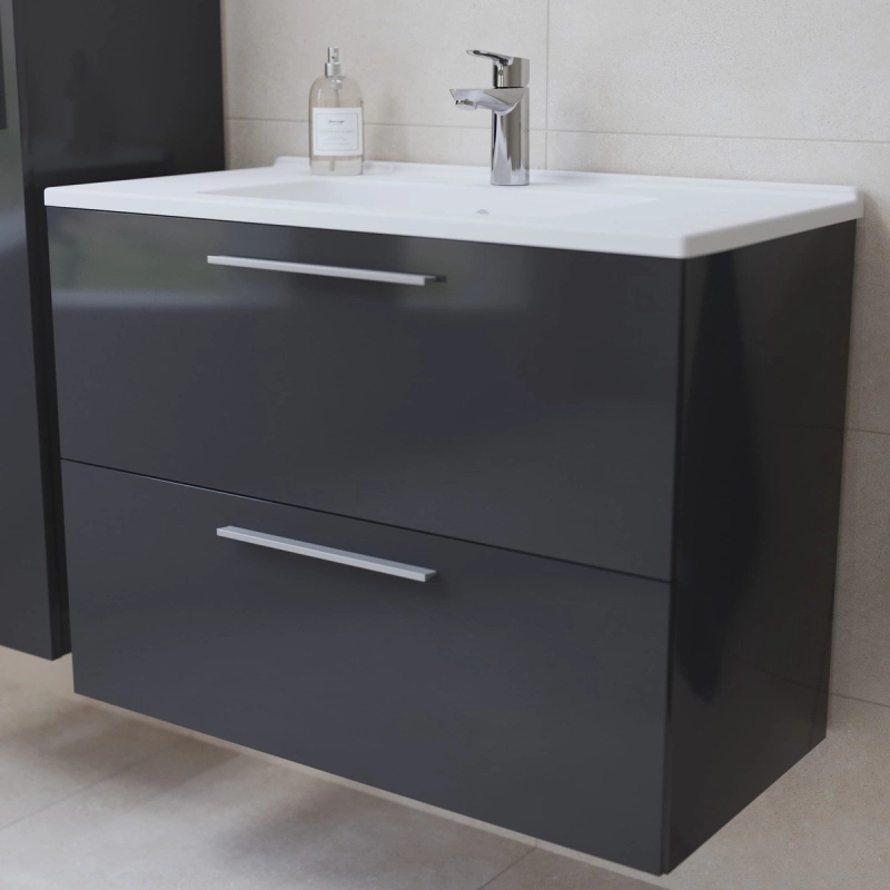 Mueble de baño Vitra Mia Set 79x39,5x61 cm icluye lavabo cerámica, Espejo y Aplique LED IP44 6500 (MIASET80D) gris brillo