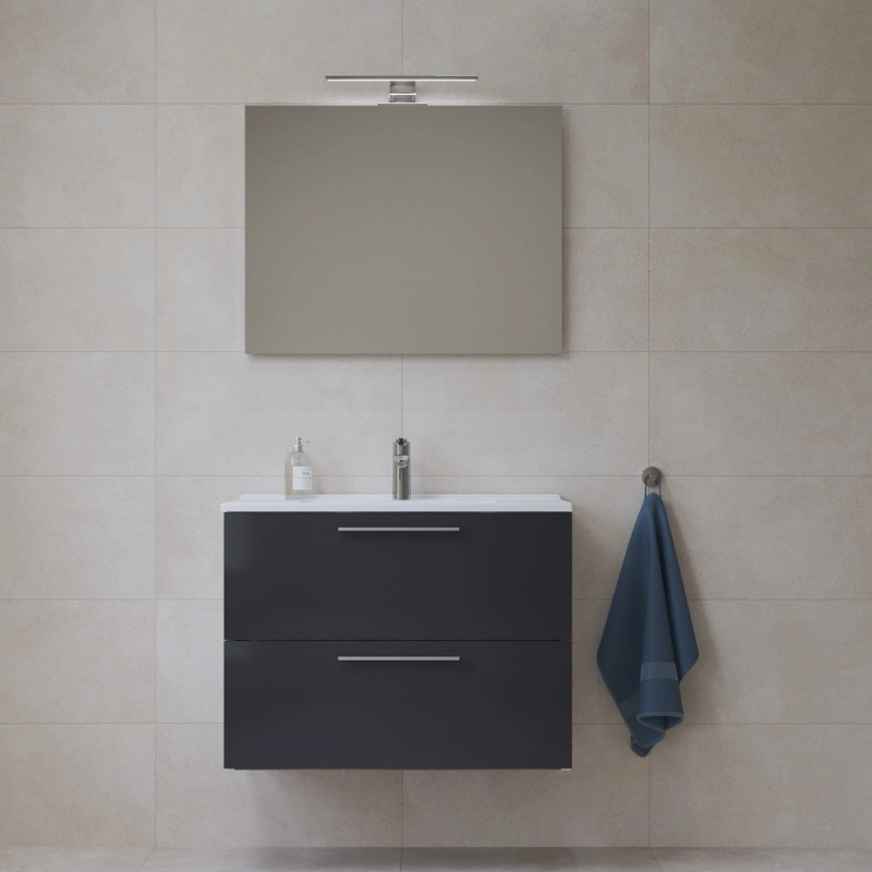 Mueble de baño Vitra Mia Set 79x39,5x61 cm icluye lavabo cerámica, Espejo y Aplique LED IP44 6500 (MIASET80D) gris brillo