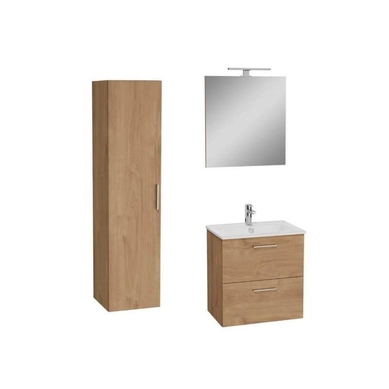 Conjunto de baño Vitra Mia Set 59x61x39,5 que incluye espejo, lavabo, iluminación LED y mueble alto en roble golden.