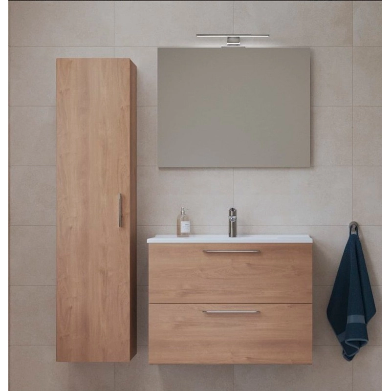 Conjunto de baño Vitra Mia Set 59x61x39,5 que incluye espejo, lavabo, iluminación LED y mueble alto en roble golden.