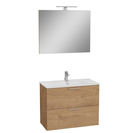 Mueble de baño 79x39,5x61 cm con espejo, lavabo e iluminación LED, Roble (MIASET80D)