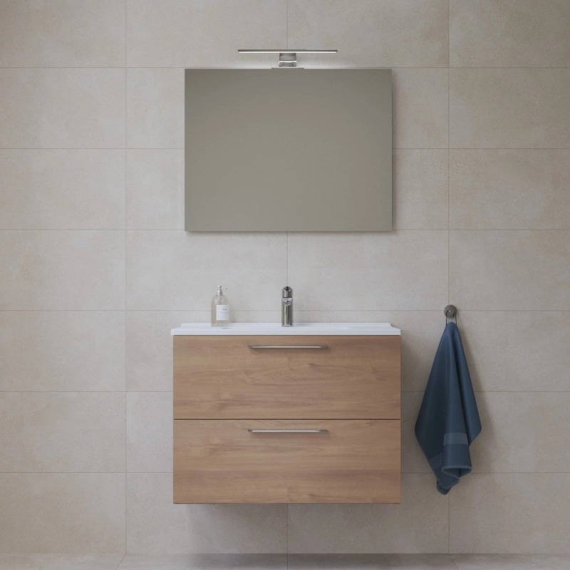 Mueble de baño 79x39,5x61 cm con espejo, lavabo e iluminación LED, Roble (MIASET80D)