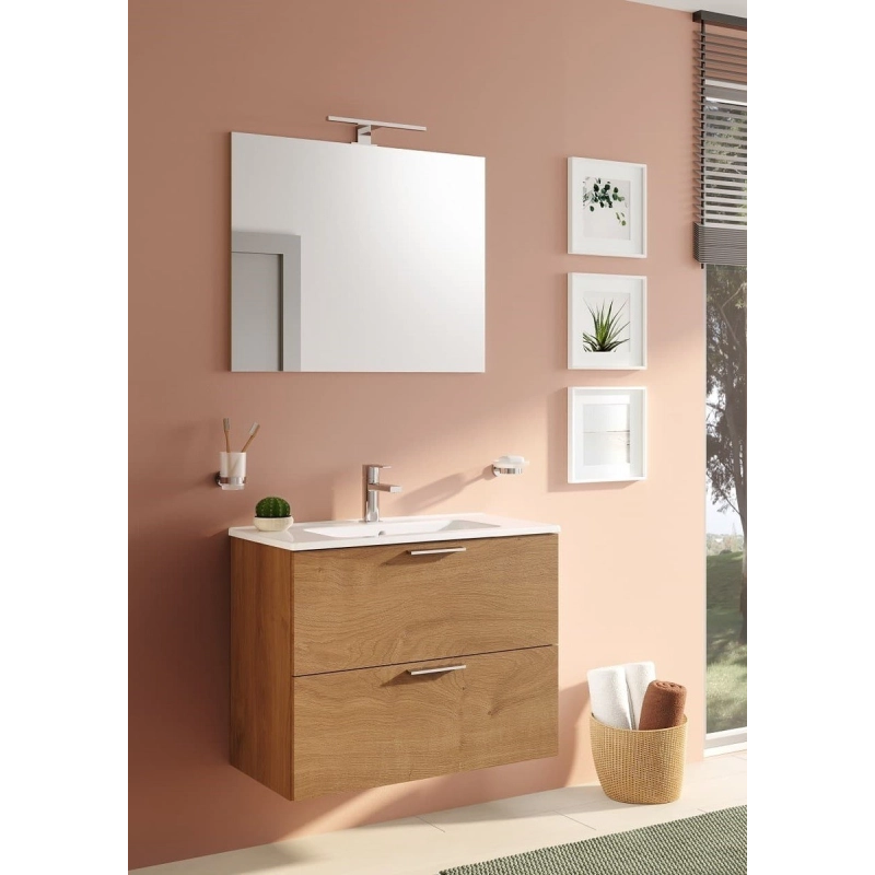 Mueble de baño 79x39,5x61 cm con espejo, lavabo e iluminación LED, Roble (MIASET80D)