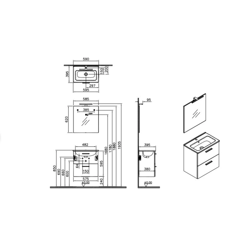 Mueble de baño 59x61x39,5 cm icluye lavabo cerámica, Espejo y Aplique LED IP44 6500 (MIASET40D)