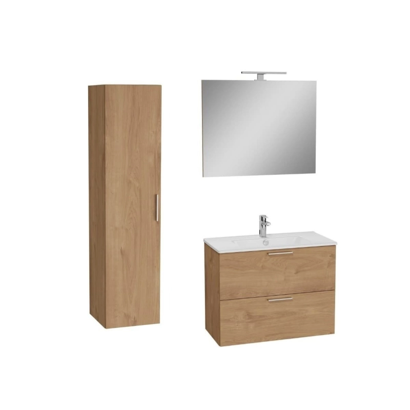 Conjunto de baño Vitra Mia Set 79x39,5x61 que incluye espejo, lavabo, iluminación LED y mueble alto en roble golden.