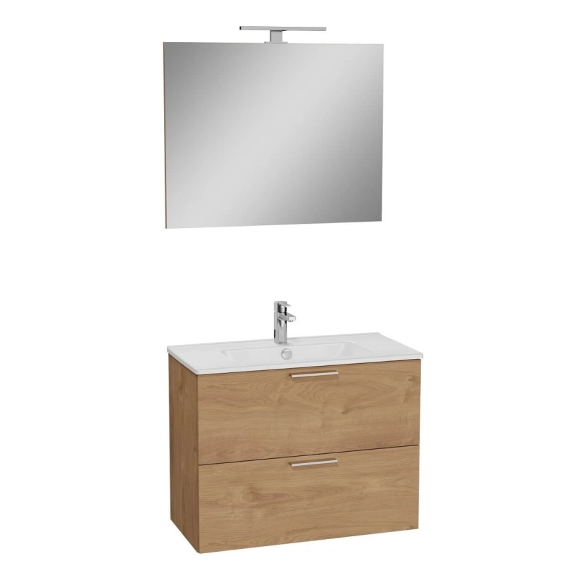 Conjunto de baño Vitra Mia Set 79x39,5x61 que incluye espejo, lavabo, iluminación LED y mueble alto en roble golden.