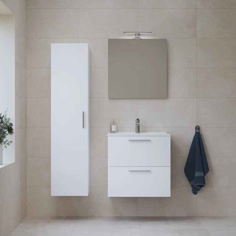 Conjunto de baño Vitra Mia Set 59x61x39,5 que incluye espejo, lavabo, iluminación LED y mueble alto en blanco