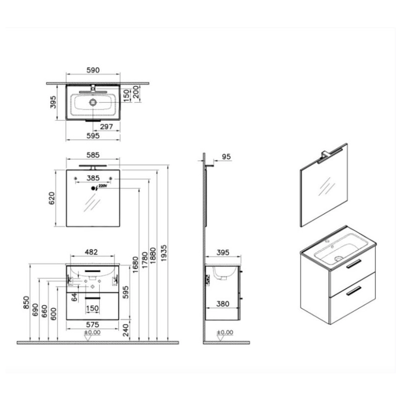 Conjunto de baño Vitra Mia Set 59x61x39,5 que incluye espejo, lavabo, iluminación LED y mueble alto en blanco