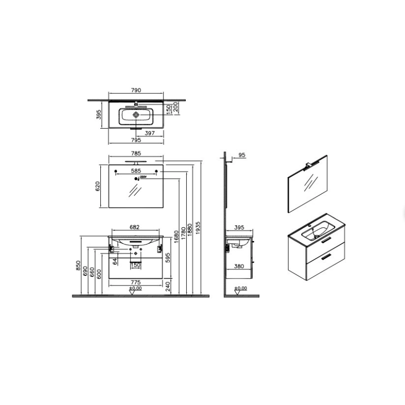 Conjunto muebles de baño Vitra Mia Set 79x39,5x61 que incluye espejo, lavabo, iluminación LED en gris