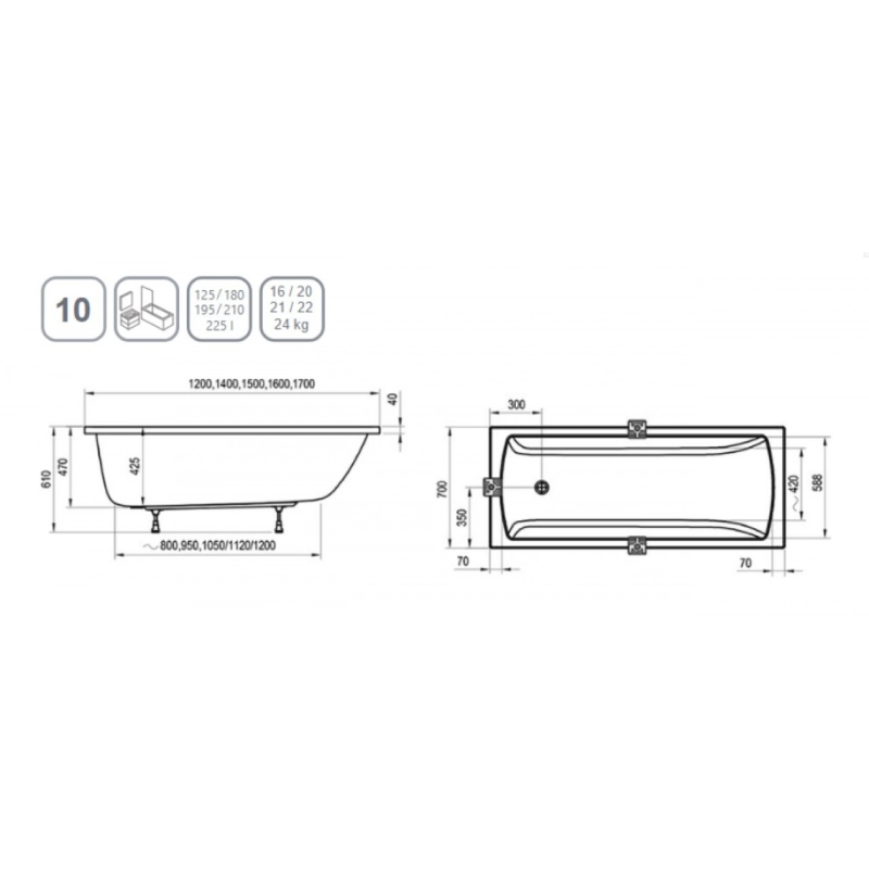 Ravak Bañera Rectangular Acrilica Classic 120/140/150/160/170x70