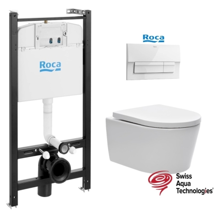 Bastidor Roca Active pack cisterna empotrada y pulsador blanco brillo con inodoro suspendido Brevis Rim-Ex Blanco 48cm de SAT