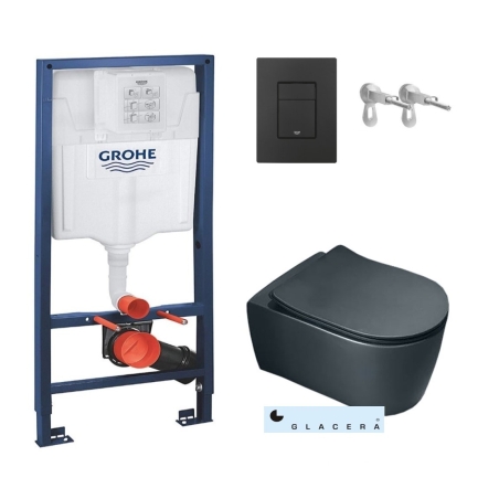 Bastidor GROHE pack cisterna empotrada y pulsador negro mate con inodoro suspendido Rim-ex Alfa Glacera negro mate