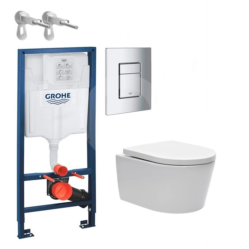 Bastidor GROHE pack cisterna empotrada y pulsador cromo brillo con inodoro suspendido Rim-ex Brevis de SAT blanco