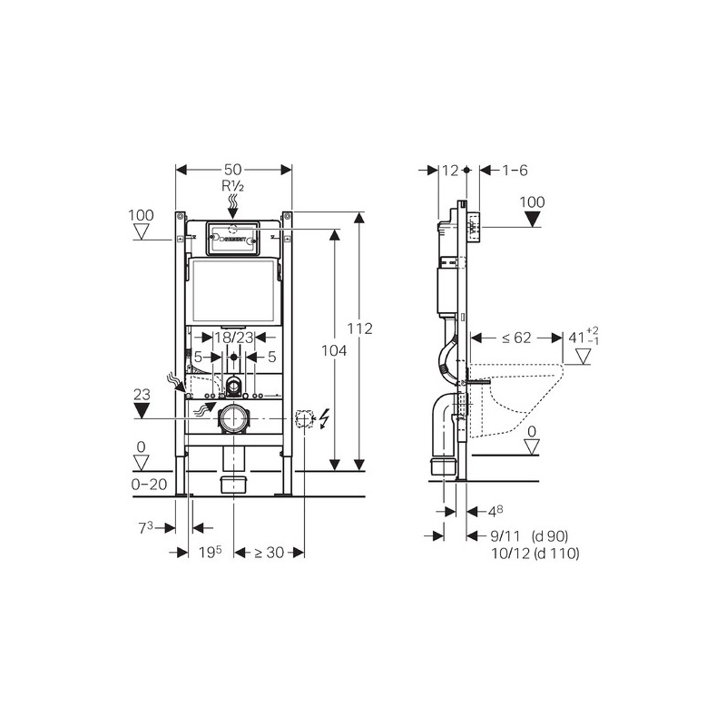 Bastidor GEBERIT Duofix pack cisterna empotrada y pulsador DELTA 01 bl br con inodoro suspendido Rim-ex Orion 51,5 cm de KP