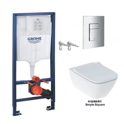 BASTIDOR GROHE CON CISTERNA EMPOTRADA, PULSADOR CROMO BRILLO, INODORO SUSPENDIDO SMYLE SQUARE DE GEBERIT