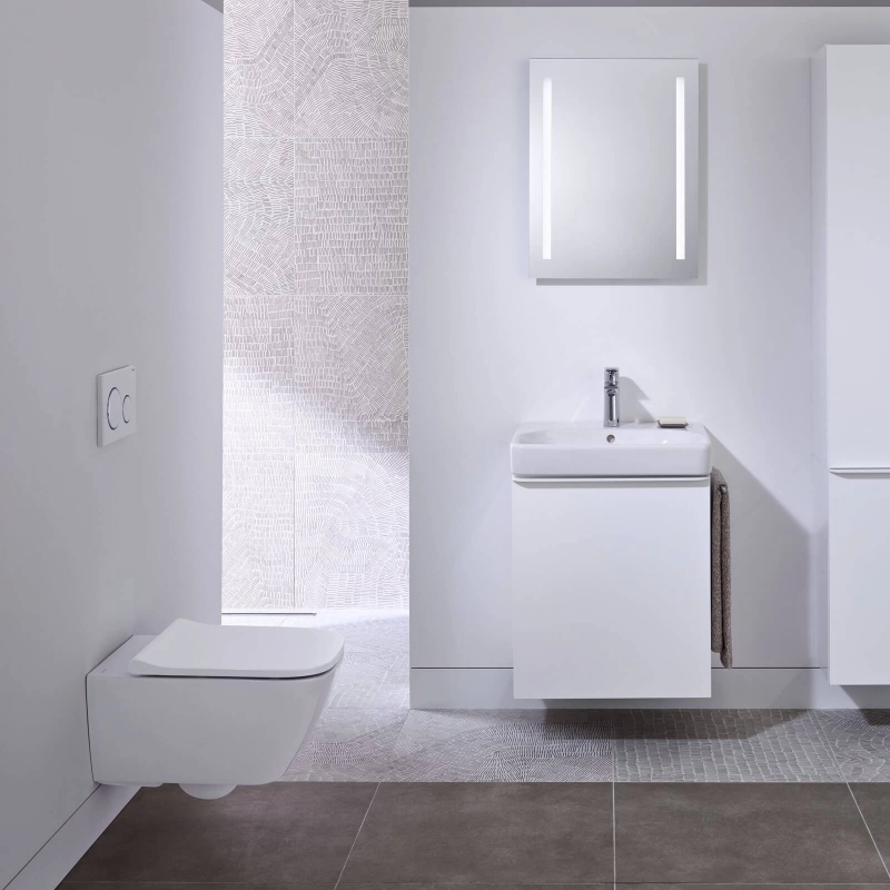 BASTIDOR GROHE CON CISTERNA EMPOTRADA, PULSADOR CROMO BRILLO, INODORO SUSPENDIDO SMYLE SQUARE DE GEBERIT