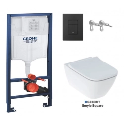 BASTIDOR GROHE CON CISTERNA EMPOTRADA, PULSADOR NEGRO MATE, INODORO SUSPENDIDO SMYLE SQUARE DE GEBERIT