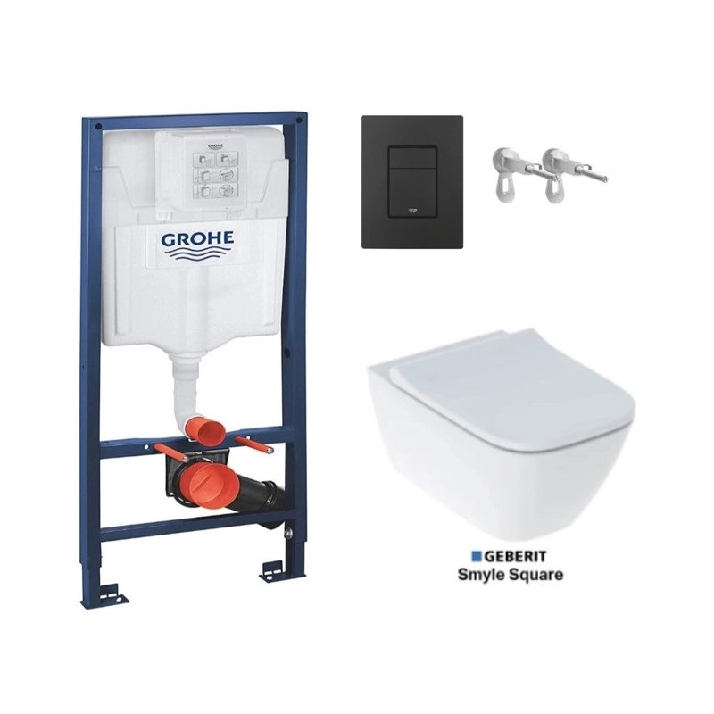 BASTIDOR GROHE CON CISTERNA EMPOTRADA, PULSADOR NEGRO MATE, INODORO SUSPENDIDO SMYLE SQUARE DE GEBERIT