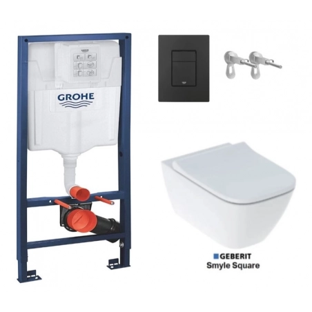 BASTIDOR GROHE CON CISTERNA EMPOTRADA, PULSADOR NEGRO MATE, INODORO SUSPENDIDO SMYLE SQUARE DE GEBERIT