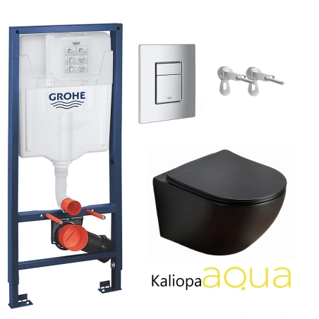 BASTIDOR GROHE PACK CISTERNA EMPOTRADA Y PULSADOR CROMO BR CON INODORO SUSPENDIDO AQUA-ARIA WC KALIOPA NEGRO MATE