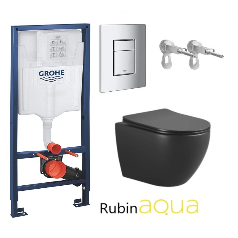 BASTIDOR GROHE PACK CISTERNA EMPOTRADA Y PULSADOR CROMO CON INODORO SUSPENDIDO AQUA WC RUBIN NEGRO MATE