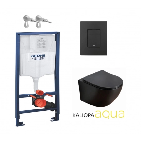 BASTIDOR GROHE PACK CISTERNA EMPOTRADA Y PULSADOR EVEN NEGRO CON INODORO SUSPENDIDO AQUA-ARIA WC KALIOPA NEGRO MATE