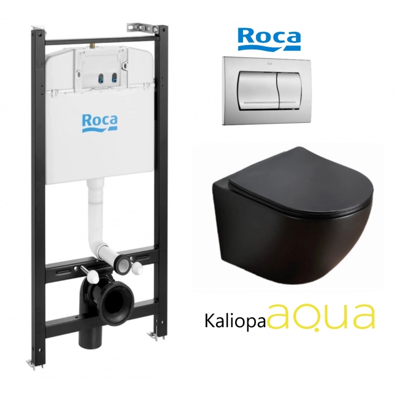 PACK ROCA ACTIVE CISTERNA EMPOTRADA Y PULSADOR CROMO MATE CON INODORO SUSPENDIDO KALIOPA NEGRO 49cm AQUA