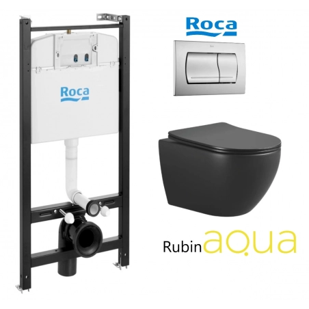 PACK ROCA ACTIVE CISTERNA EMPOTRADA Y PULSADOR CROMO MATE CON INODORO SUSPENDIDO RUBIN NEGRO 48,2cm AQUA