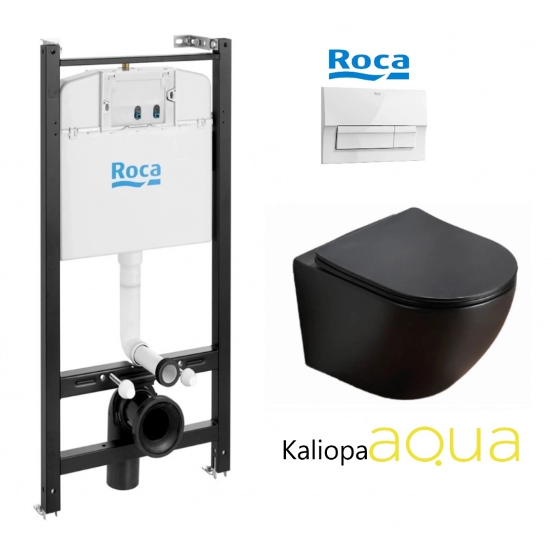 PACK ROCA ACTIVE CISTERNA EMPOTRADA Y PULSADOR BLANCO BRILLO CON INODORO SUSPENDIDO KALIOPA NEGRO 49cm AQUA