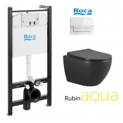 PACK ROCA ACTIVE CISTERNA EMPOTRADA Y PULSADOR BLANCO BRILLO CON INODORO SUSPENDIDO RUBIN NEGRO 48,2cm AQUA