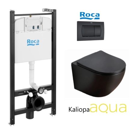 PACK ROCA ACTIVE CISTERNA EMPOTRADA Y PULSADOR NEGRO MATE CON INODORO SUSPENDIDO KALIOPA NEGRO 49cm AQUA