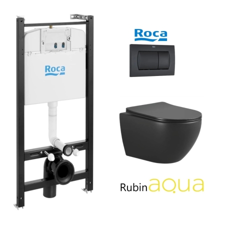 PACK ROCA ACTIVE CISTERNA EMPOTRADA Y PULSADOR NEGRO MATE CON INODORO SUSPENDIDO RUBIN NEGRO 48,2cm AQUA