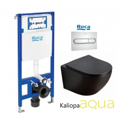 PACK ROCA DUPLO CISTERNA EMPOTRADA Y PULSADOR PL1 CROMO BRILLO CON INODORO SUSPENDIDO KALIOPA NEGRO 49cm AQUA