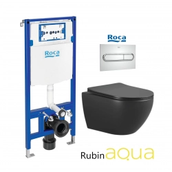 PACK ROCA DUPLO CISTERNA EMPOTRADA Y PULSADOR PL1 CROMO BRILLO CON INODORO SUSPENDIDO RUBIN NEGRO 48,2cm AQUA