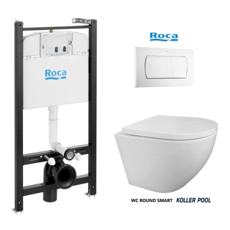 Bastidor ROCA Active pack cisterna empotrada y pulsador Blanco brillo con inodoro suspendido ROUND de KP blanco