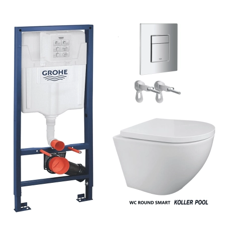 Bastidor GROHE pack cisterna empotrada y pulsador cromo brillo con inodoro suspendido ROUND blanco 49 cm de KP