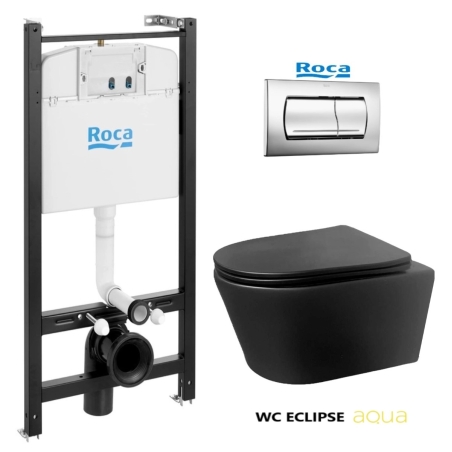 BASTIDOR ROCA ACTIVE PACK CISTERNA EMPOTRADA Y PULSADOR CROMO BRILLO CON INODORO SUSPENDIDO Rimless Eclipse Negro Mat de AQUA